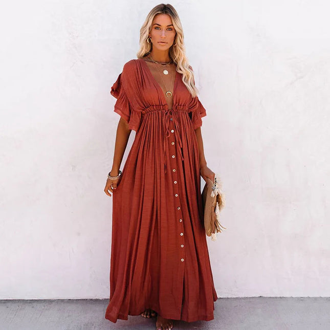 Costume da bagno donna taglie forti copricostume con scollo a V profondo costume da bagno Bikini Coverup abito lungo Kimono caftano diviso platinumshop