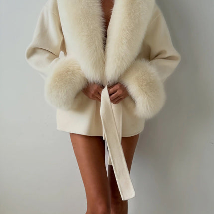 Women's Solid Color Lace Up Fur Collar Woolen Overcoat Bathrobe Style Long Loose Coat Advanced Atmosphere Autumn Winter Overwear