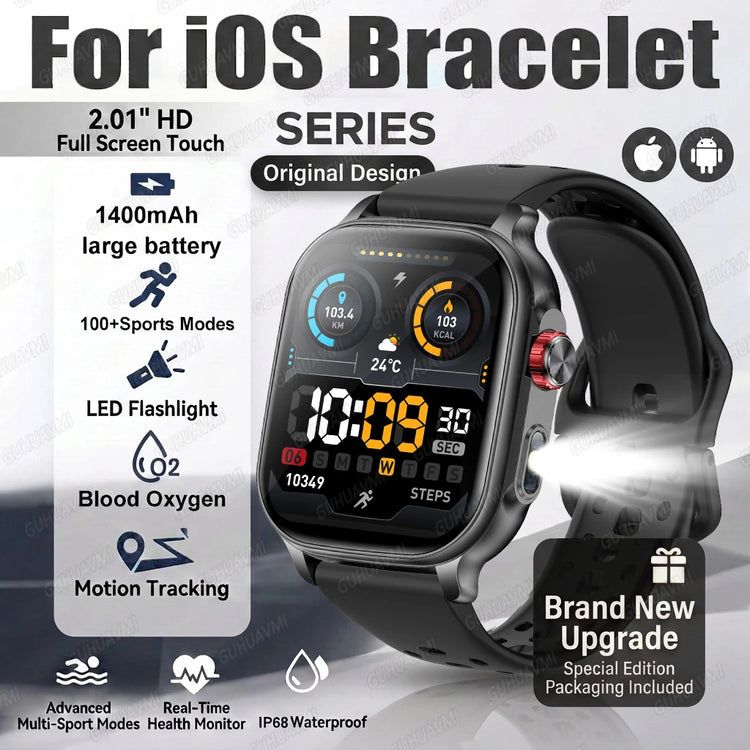 2026New Smart Watch Fitness Clock Men 2.01" AMOLED Screen 1400mAh 130+ Days Battery Life Flashlight Call Waterproof Smartwatches