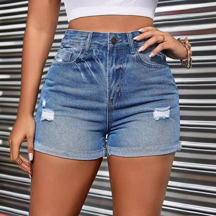 Denim Shorts Women Distressed Hole Jeans Washing High Waist Pockets Solid Vintage Short Pants Office Lady Casual 2025 Summer PlatiNum