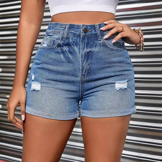 Denim Shorts Women Distressed Hole Jeans Washing High Waist Pockets Solid Vintage Short Pants Office Lady Casual 2025 Summer PlatiNum