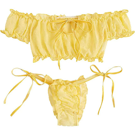 Mesh Dot Printed Off Shoulder Transparent Ruffle Bralette Bra and Panty Thong Underwear Sets Women's Sexy Lingerie Intimates