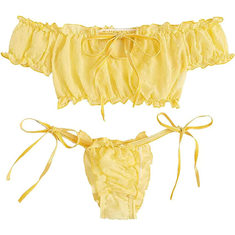 Mesh Dot Printed Off Shoulder Transparent Ruffle Bralette Bra and Panty Thong Underwear Sets Women's Sexy Lingerie Intimates