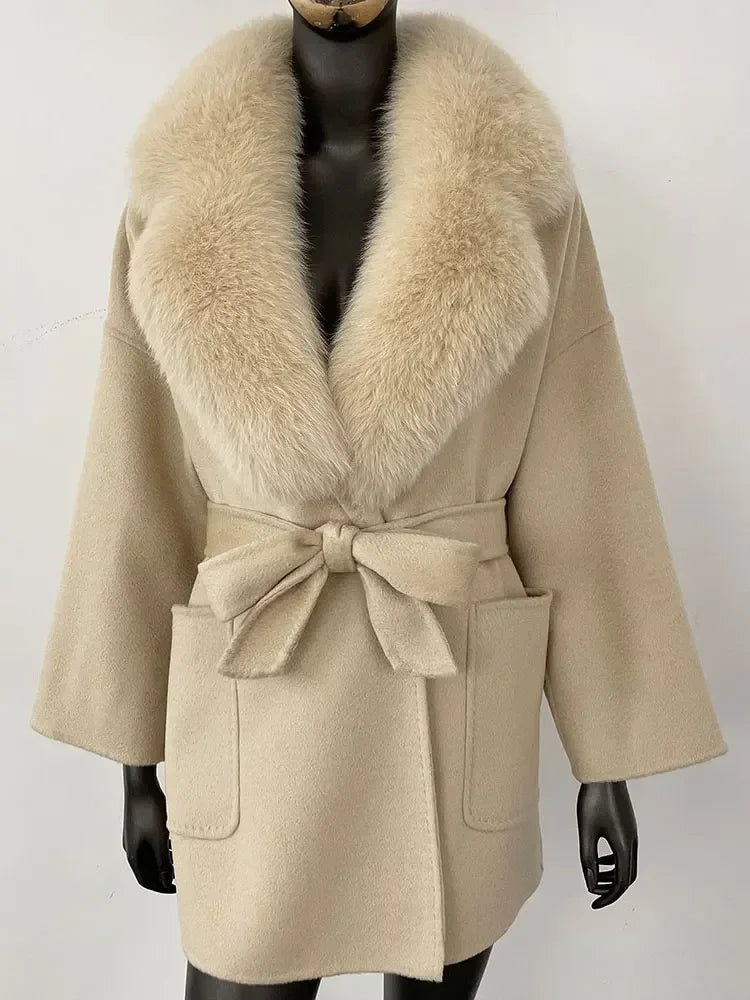CXFS 2025 Winter Fashion Women Double-sided Wool Cashmere Coat with Detachable Natural Fox Fur Collar New design suit collar