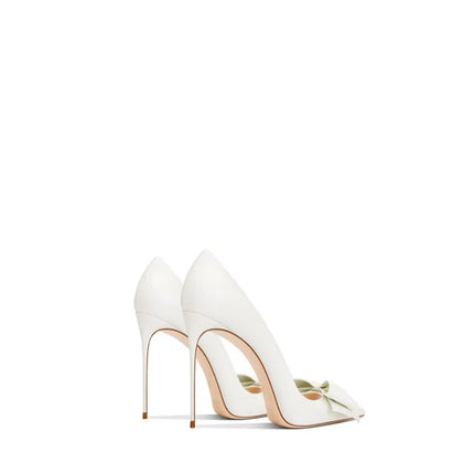 Eleganti scarpe con tacco a spillo a punta con fiocco beige da donna in vera pelle 2025 autunno