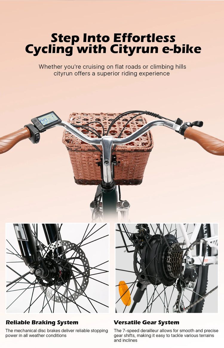 Bicicletta Elettrica Cityrun per Adulti, 26 Pollici, Unisex, Motore 250W, Batteria 36V/10Ah, Velocità Massima 25 km/h, Pedalata Assistita, Autonomia 70-90 km.