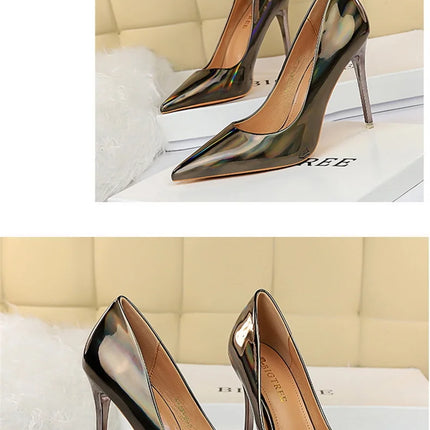 Tacchi alti da donna Blu Verde Décolleté di San Valentino Lusso lucido Stiletto Matrimonio Nuziale Discoteca Moda Semplice Colore solido 1829-2