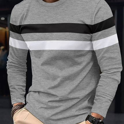 2025 Autumn/Winter Fashion Men's Long Sleeve Round Neck Splicing T-shirt Business Anti Wrinkle Street Wear Casual Top PlatiNum