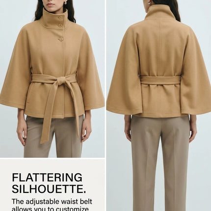 Women's Cape Coat Elegant Stand Collar Belted Solid Color Button Down Autumn Winter Jacket