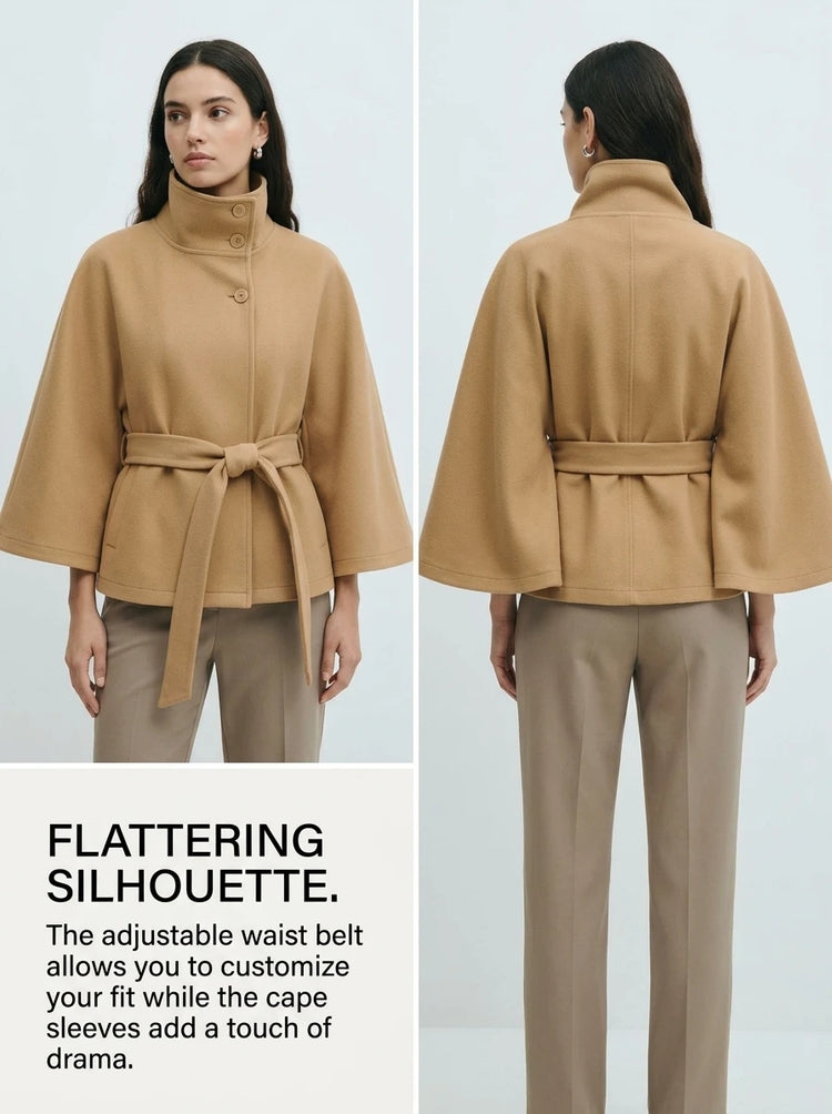 Women's Cape Coat Elegant Stand Collar Belted Solid Color Button Down Autumn Winter Jacket