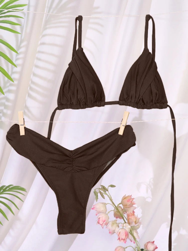 Set Bikini Sexy con Pieghe, Micro Bikini Tinta Unita, Costume da Bagno Femminile a Triangolo, Abbigliamento da Spiaggia platinumshop