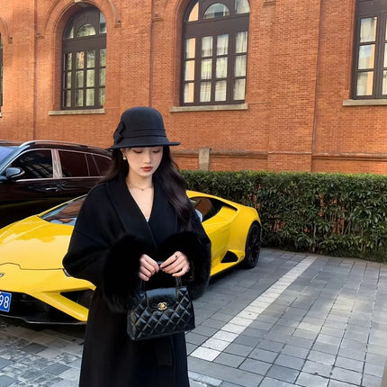 Lace Up Lapel Cashmere Wool Coat For Women's Winter Fashion Female Woolen Jackets Fur Long Sleeve Loose Overcoats