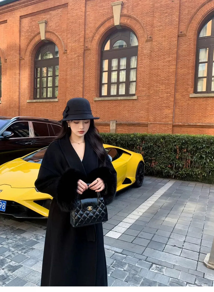 Lace Up Lapel Cashmere Wool Coat For Women's Winter Fashion Female Woolen Jackets Fur Long Sleeve Loose Overcoats