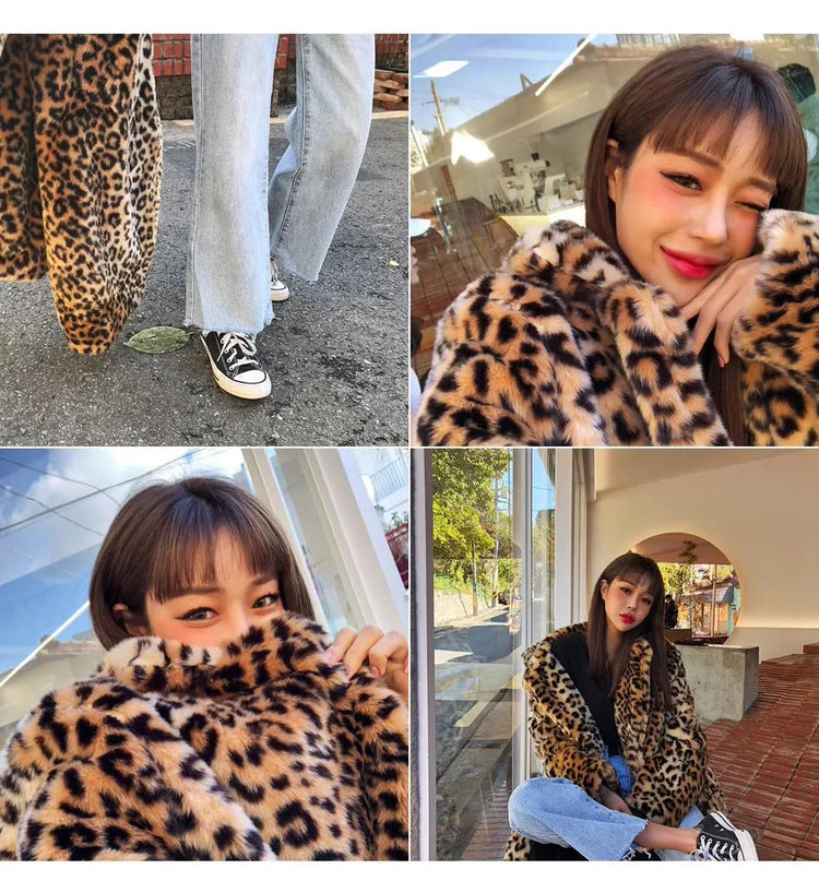 ZADORIN Winter Long Fluffy Leopard Print Jacket Women Lapel Warm Faux Fur Coat Women Korean Fashion Loose Fur Jacket Outerwears