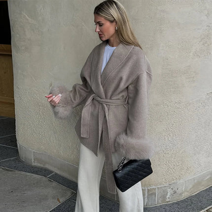 Elegant Women's Lace Up Woolen Coats Solid Full Sleeve Turn-down Collar Loose Lady Coats 2026 Autumn Winter Female Streetwear