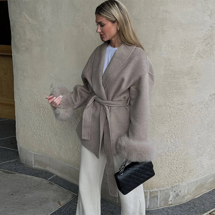 Elegant Women's Lace Up Woolen Coats Solid Full Sleeve Turn-down Collar Loose Lady Coats 2026 Autumn Winter Female Streetwear