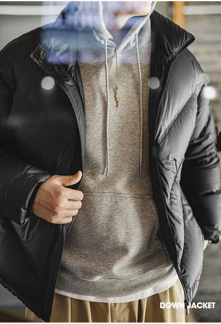 Maden Men's 90% White Duck Down Jacket Black Stand Collar Short Quilted Puffer Jacket Thermal Coat for Winter Streetwear