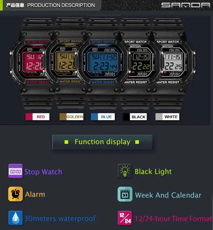 SANDA G Style LED Orologio digitale Unisex Antiurto Impermeabile Orologi sportivi Ragazzo Ragazza Cronometro Orologio elettronico a LED militare platinumshop