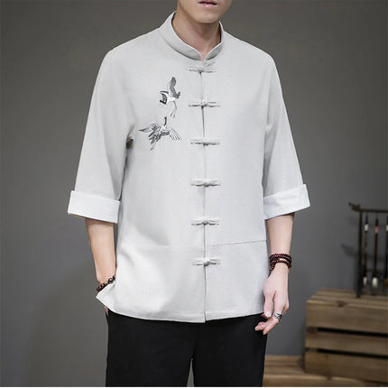 Camicie con ricamo gru Abbigliamento tradizionale cinese vintage Mezza manica da uomo in lino Solido colletto Madarin Cardigan Hanfu Kungfu