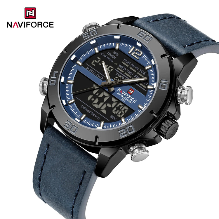 NAVIFORCE Orologio alla moda da uomo con cinturino in vera pelle Movimento al quarzo resistente all'acqua 30M Display luminoso con giorno e data F platinumshop