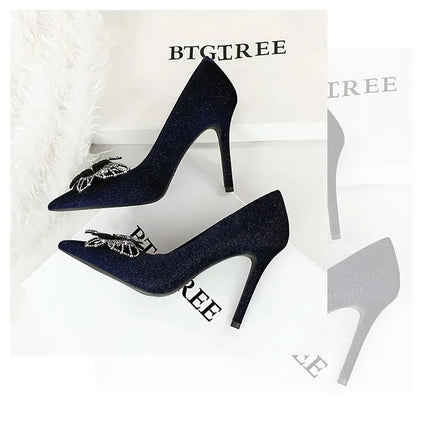 NUOVE Décolleté da donna con strass Tacchi alti a farfalla 10 CM Tacchi a spillo da donna in pelle scamosciata Scarpe da banchetto di lusso Scarpe da sposa di moda