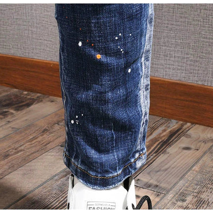 Fashion Streetwear Men Jeans Retro Black Blue Elastic Slim Fit Ripped Jeans Men Spliced Designer Embroidery Hip Hop Denim Pants PlatiNum