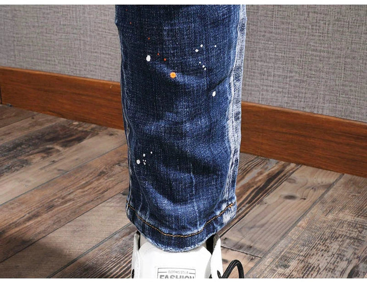 Fashion Streetwear Men Jeans Retro Black Blue Elastic Slim Fit Ripped Jeans Men Spliced Designer Embroidery Hip Hop Denim Pants PlatiNum