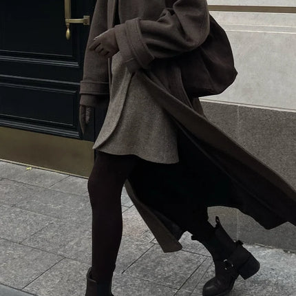 Women's Long Woolen Overcoats Stand Collar Single Breasted Lace Up Oversized Coat Autumn Winter Female Loose New Chic Outerwears