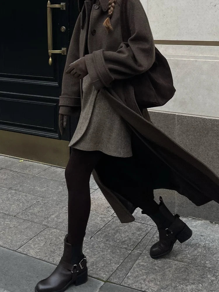 Women's Long Woolen Overcoats Stand Collar Single Breasted Lace Up Oversized Coat Autumn Winter Female Loose New Chic Outerwears