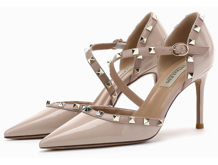 【Misurati la lunghezza dei piedi prima di ordinare】Sandalo da donna con tacco alto e sottile, con rivetti e punta a punta, scarpa elegante da festa 118-CHC-33