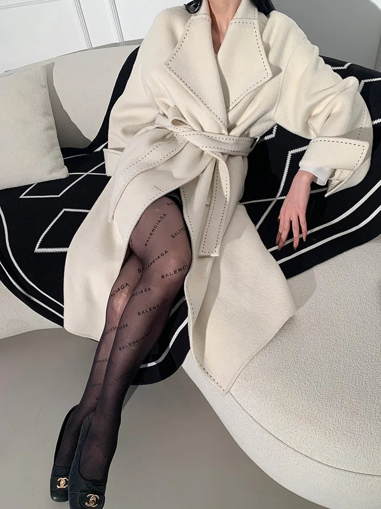New Solid Korean Style Women Wool Coat Arch Needle Large Neck Versatile Fashion Texture Double Sided Trench Coats Female Winter