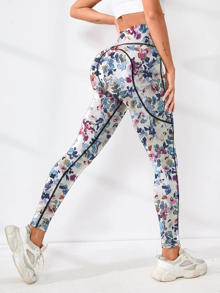 Printed women's high waistband pocket fitness pants paired with tight abdominal yoga pants, suitable for running, hiking, and sp PlatiNum