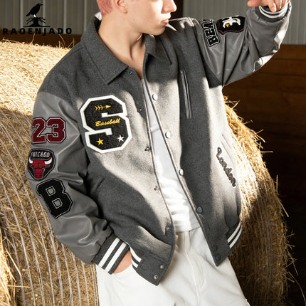 Men's Letterman Jacket Vintage Varsity Coat Patchwork Baseball Streetwear Outerwear with Faux Leather Sleeves & Fine Embroidery