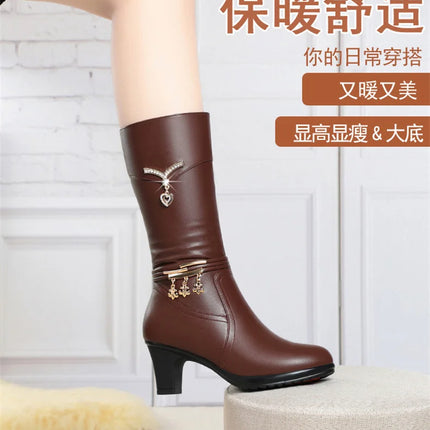 Women Comfortable Fleece Medium Boots Autumn Winter New Style Thick Heel Side Zipper Pointed Fashion High Heels Boots Elegant