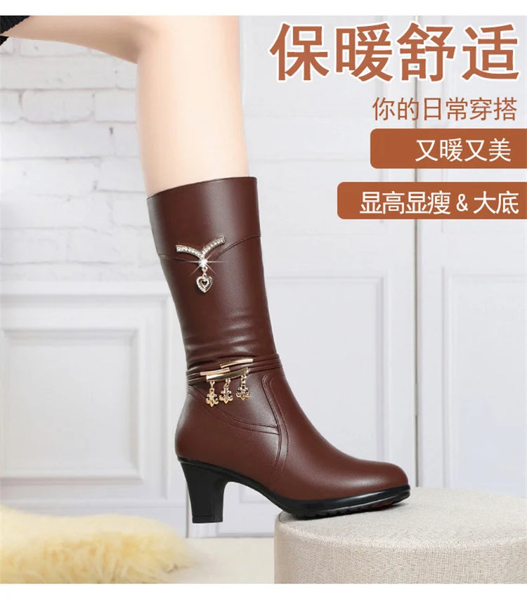 Women Comfortable Fleece Medium Boots Autumn Winter New Style Thick Heel Side Zipper Pointed Fashion High Heels Boots Elegant