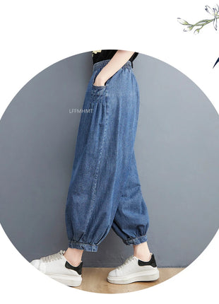 Jeans Vintage tinta unita da donna moda estiva pantaloni larghi in Denim elasticizzato in vita femminile pantaloni Harem alla caviglia stile giapponese