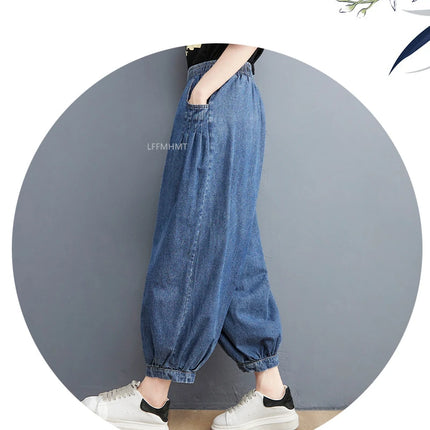 Jeans Vintage tinta unita da donna moda estiva pantaloni larghi in Denim elasticizzato in vita femminile pantaloni Harem alla caviglia stile giapponese