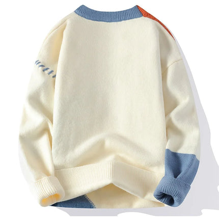 Men Knitted Jumpers Patchwork Sweater O Neck Pullovers Spliced Long Sleeve Jumper Slight Strech Standard Wool 2024 Casual