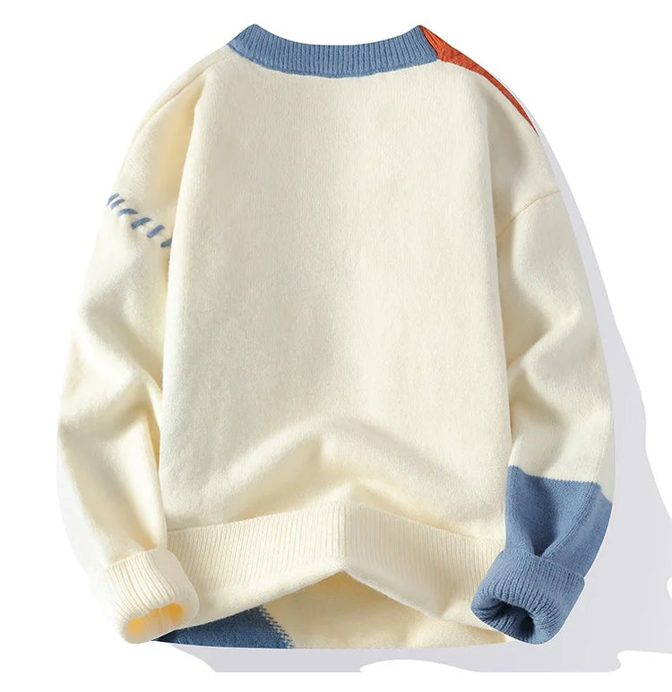 Men Knitted Jumpers Patchwork Sweater O Neck Pullovers Spliced Long Sleeve Jumper Slight Strech Standard Wool 2024 Casual