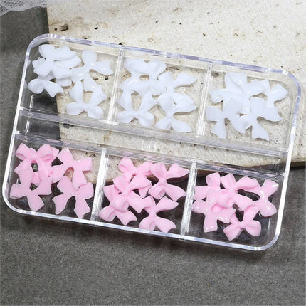 30Pcs/box 3D White & Pink Bows Nail Art Charms 6gird Cute Bowknots Ribbon Nail Rhinestones Resin Bowtie Manicure Decoration #R5!