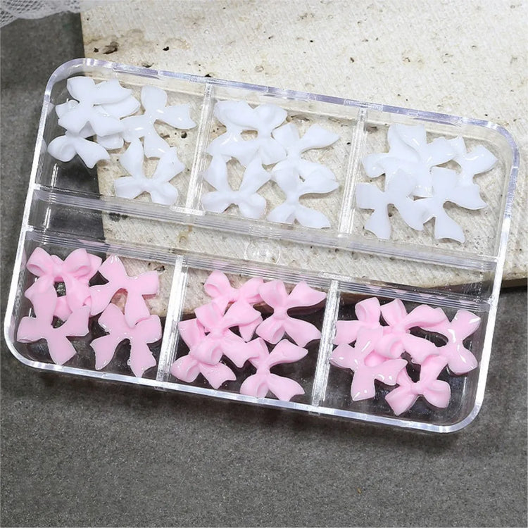 30Pcs/box 3D White & Pink Bows Nail Art Charms 6gird Cute Bowknots Ribbon Nail Rhinestones Resin Bowtie Manicure Decoration #R5!
