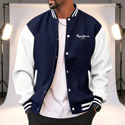 Men's color blocked sports baseball jacket, trendy letter printed loose fit baseball jacket, casual street sports jacket, spring