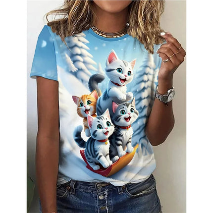 Funny Cat Model T-Shirt for Women Cute Animal 3D Printed Short Sleeve Summer Oversized T-shirt O-Neck Top Tees Streetwear