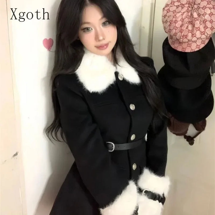 Women's Coats Advanced Sense Plush Spliced Turndown Collar Single Breasted Waist Retraction Skirt Style Woolen Coat Lady Clothes