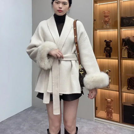 High End Double-sided Wool Strapping Real Wool Fur Coat Women's Removable Cuffs Fox Fur Temperament Cashmere Short Jacket