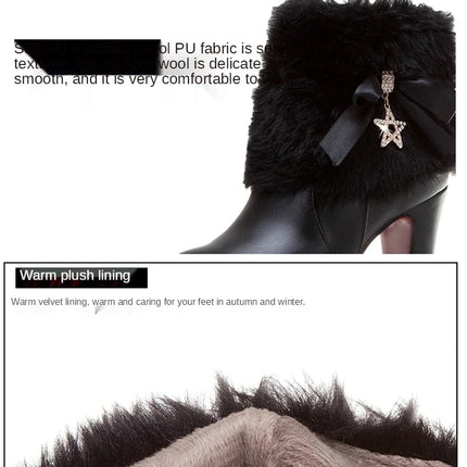 Snow Boots Womens Winter Warm Plush Fashion High Heels Pink White Black Fur Bowt Dress Party Wedding Platform Boots 526-1
