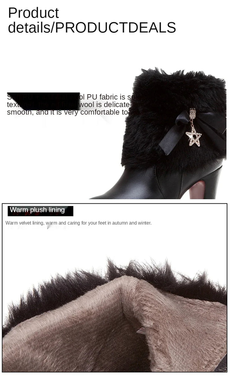 Snow Boots Womens Winter Warm Plush Fashion High Heels Pink White Black Fur Bowt Dress Party Wedding Platform Boots 526-1