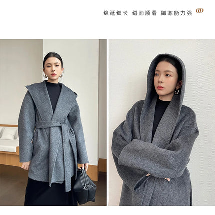 Brushed 100% Wool Coat Women Hooded Belted Wrap Coat Long-Pile Double-Faced Texture Unlined Relaxed Fit Short Coats Fall Winter
