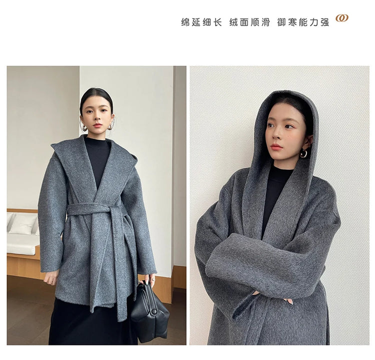 Brushed 100% Wool Coat Women Hooded Belted Wrap Coat Long-Pile Double-Faced Texture Unlined Relaxed Fit Short Coats Fall Winter