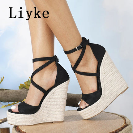 Liyke Taglia 35-42 Sandali con zeppa con plateau Moda sexy Fondo spesso Open Toe Cinturino con fibbia Nero Tacchi alti Scarpe da donna Estate 2026